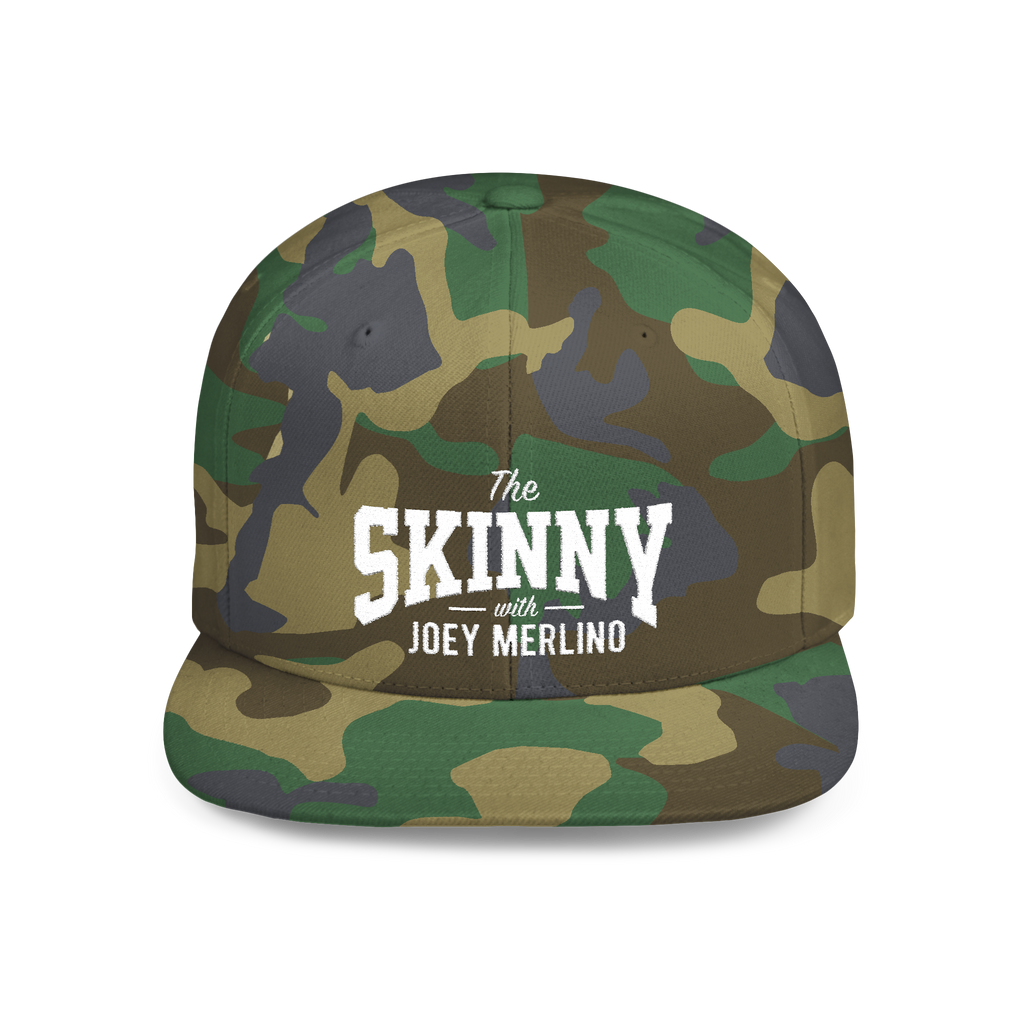 Camouflage cap with 'The Skinny with Joey Merlino' text on a white background