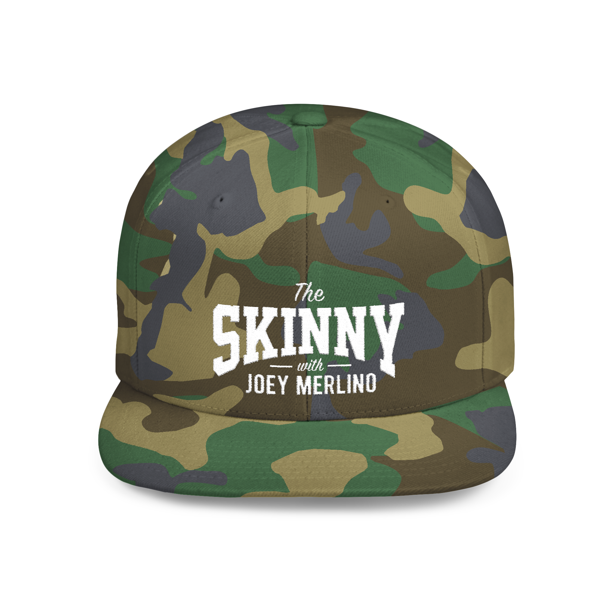 Camouflage cap with 'The Skinny with Joey Merlino' text on a white background