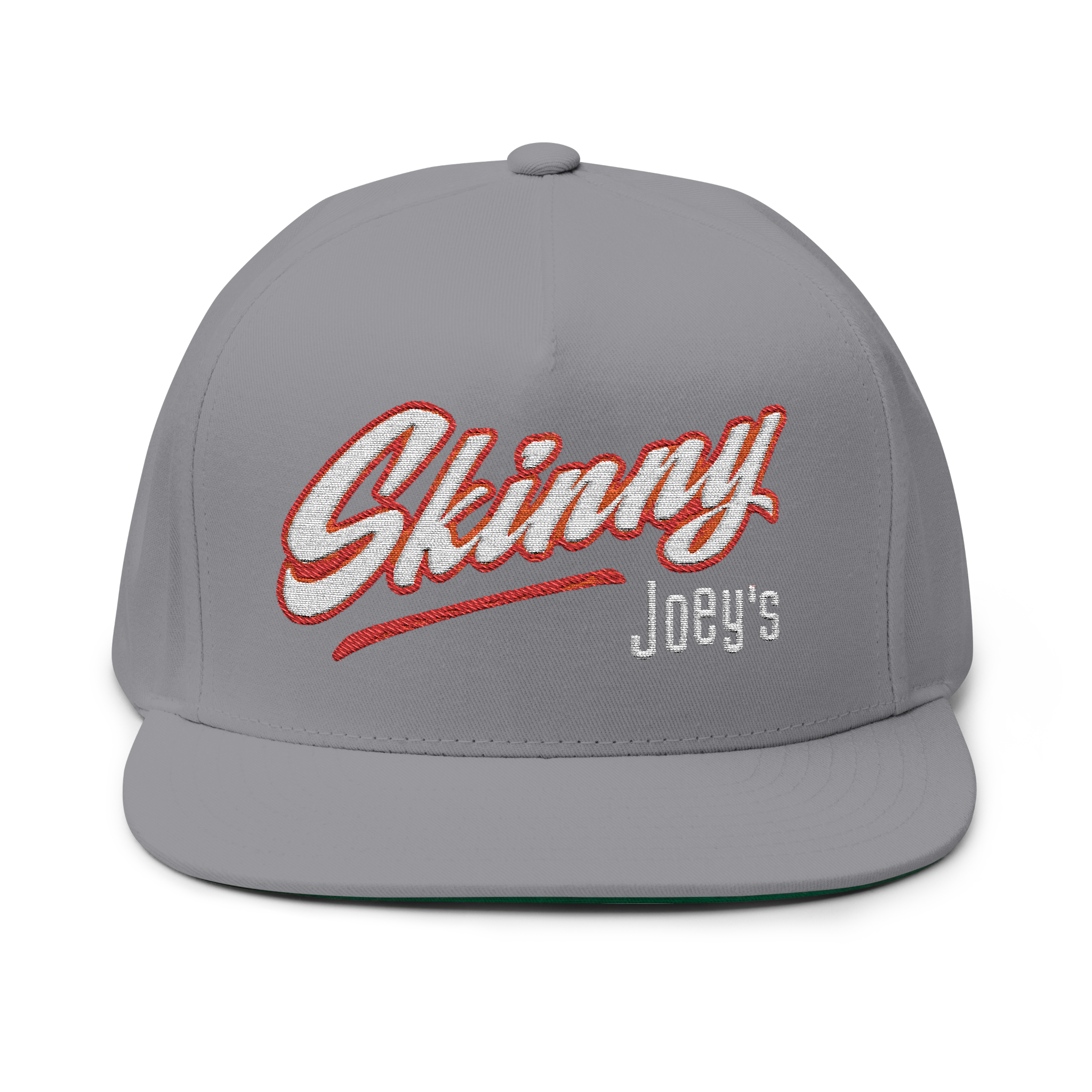 Gray cap with 'Skinny Joey's' embroidery on a white background