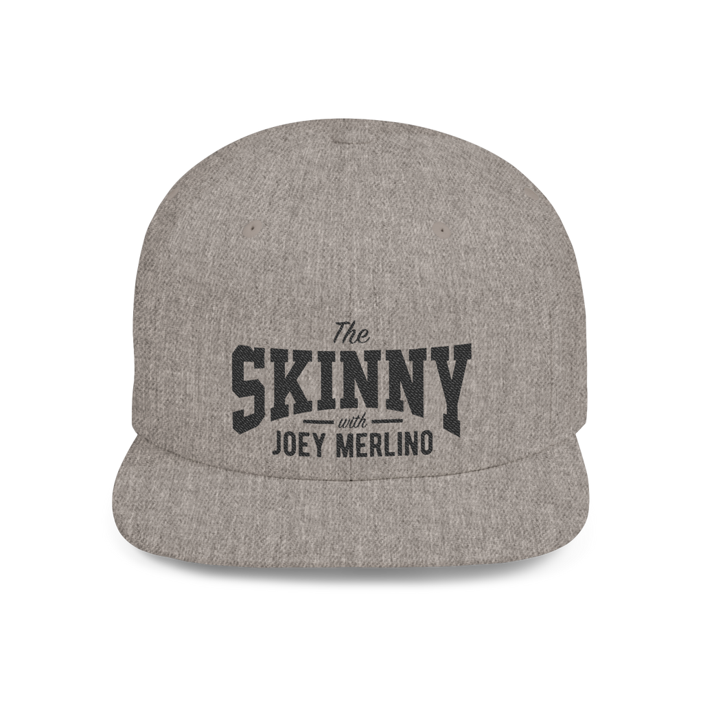 Gray cap with 'The Skinny with Joey Merlin' text on a white background