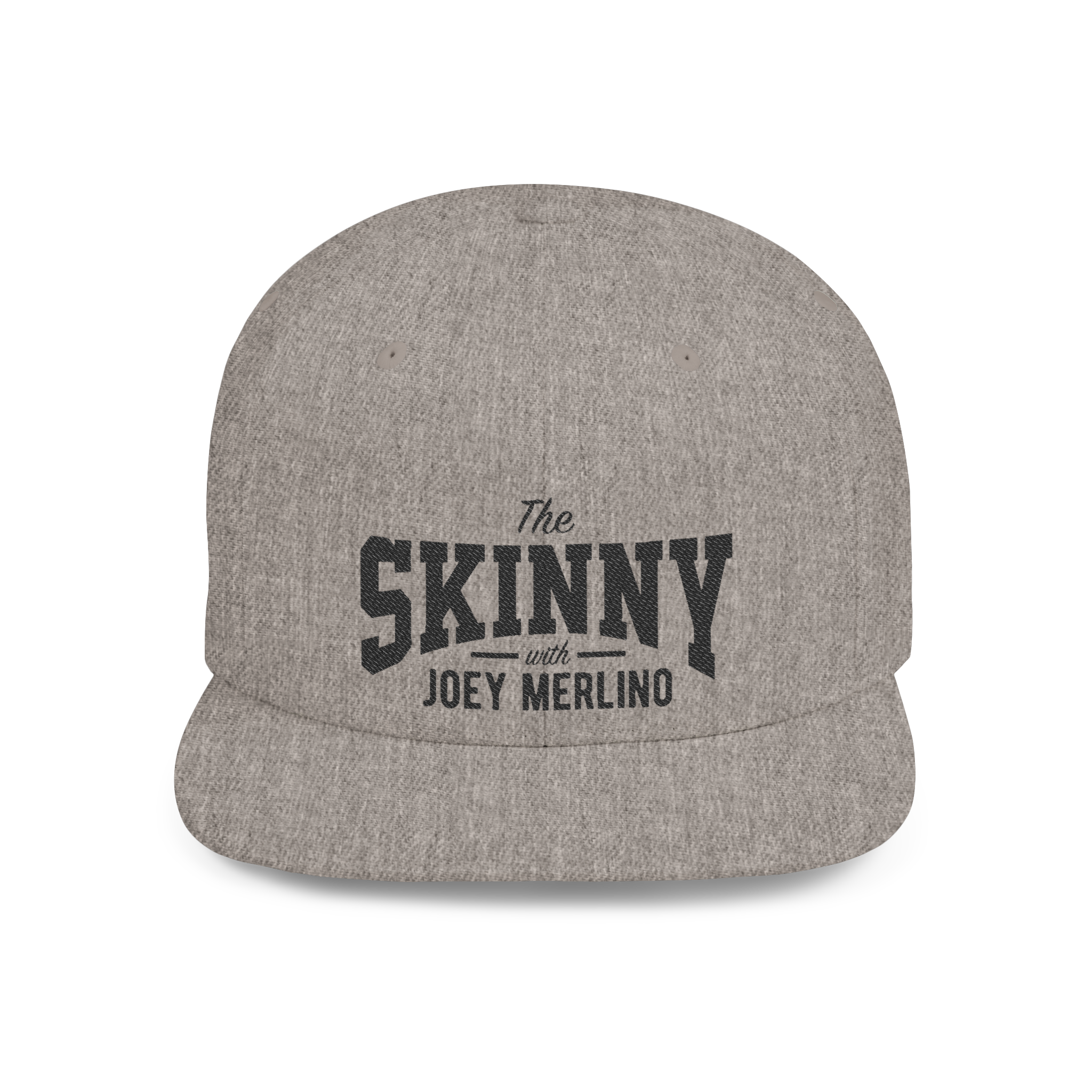 Gray cap with 'The Skinny with Joey Merlin' text on a white background