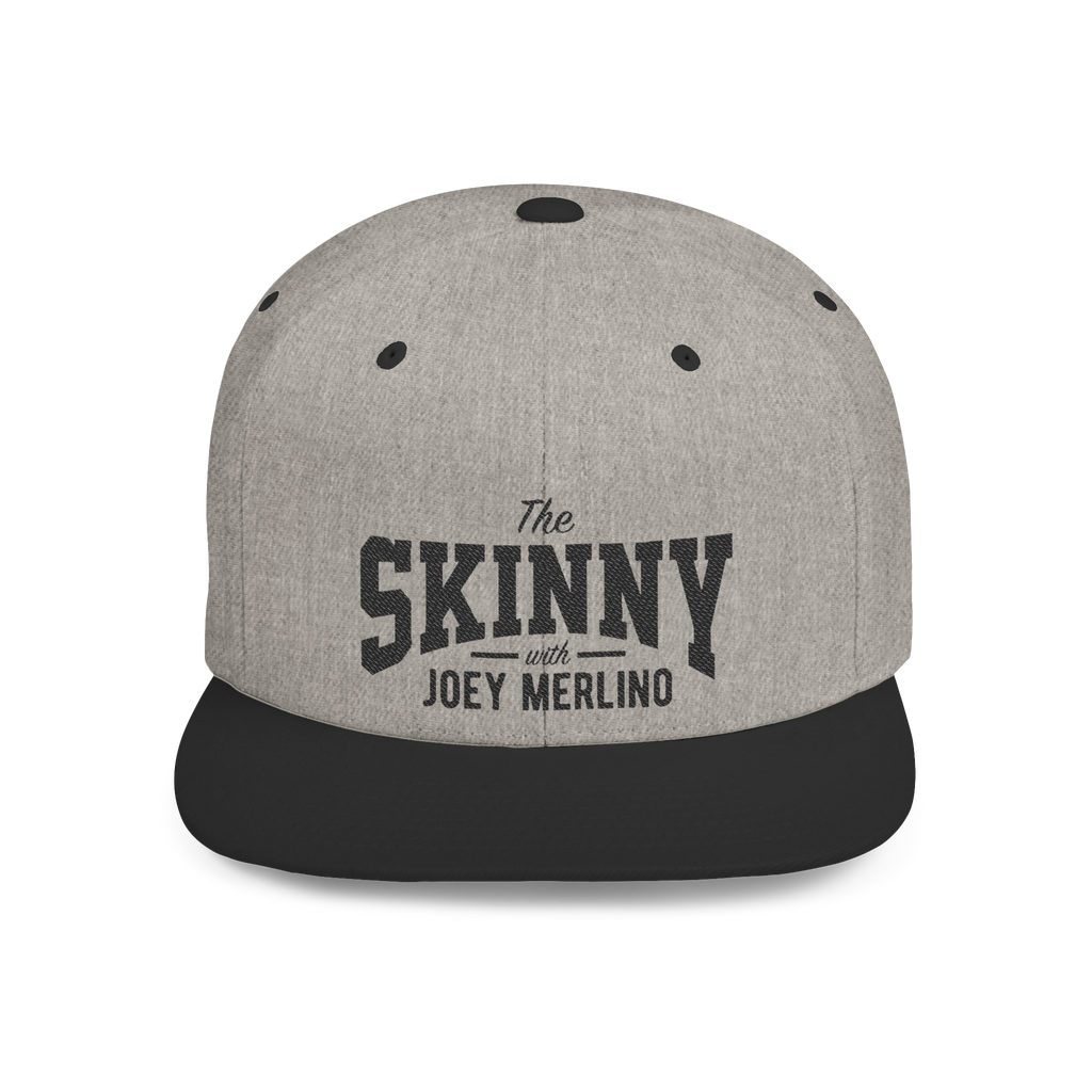 Gray and black cap with 'The Skinny with Joey Merlin' text on a white background