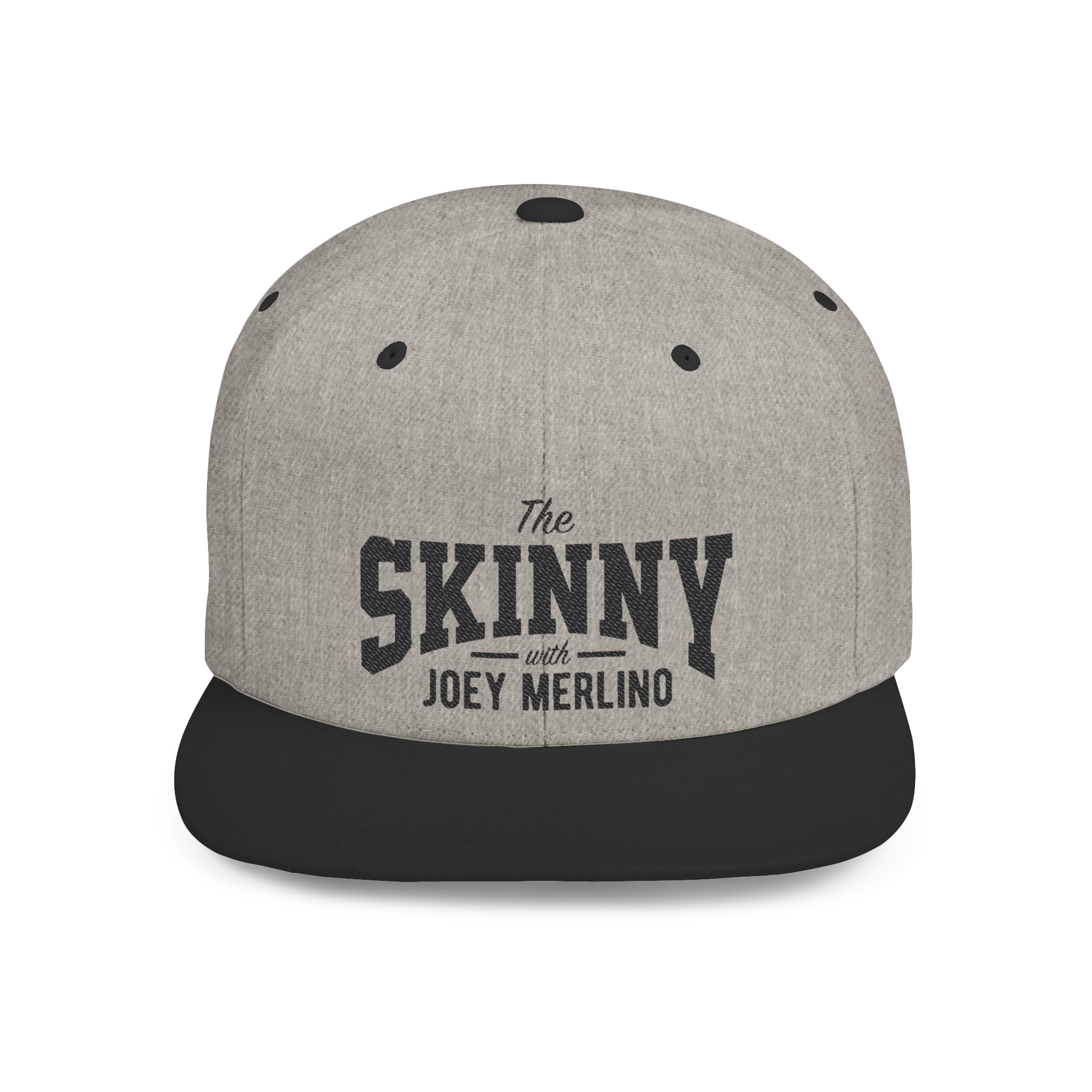 Gray and black cap with 'The Skinny with Joey Merlin' text on a white background