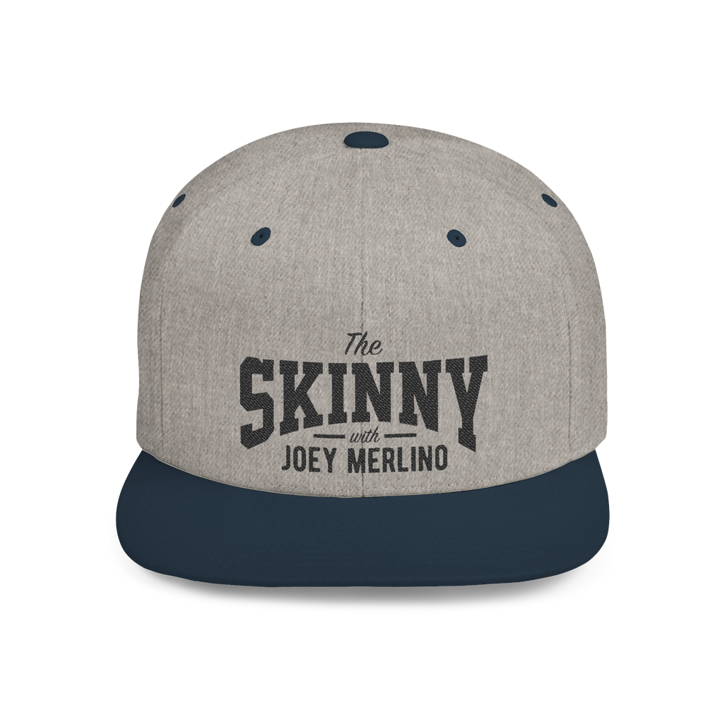 Gray and navy cap with 'The Skinny with Joey Merlin' text on a white background