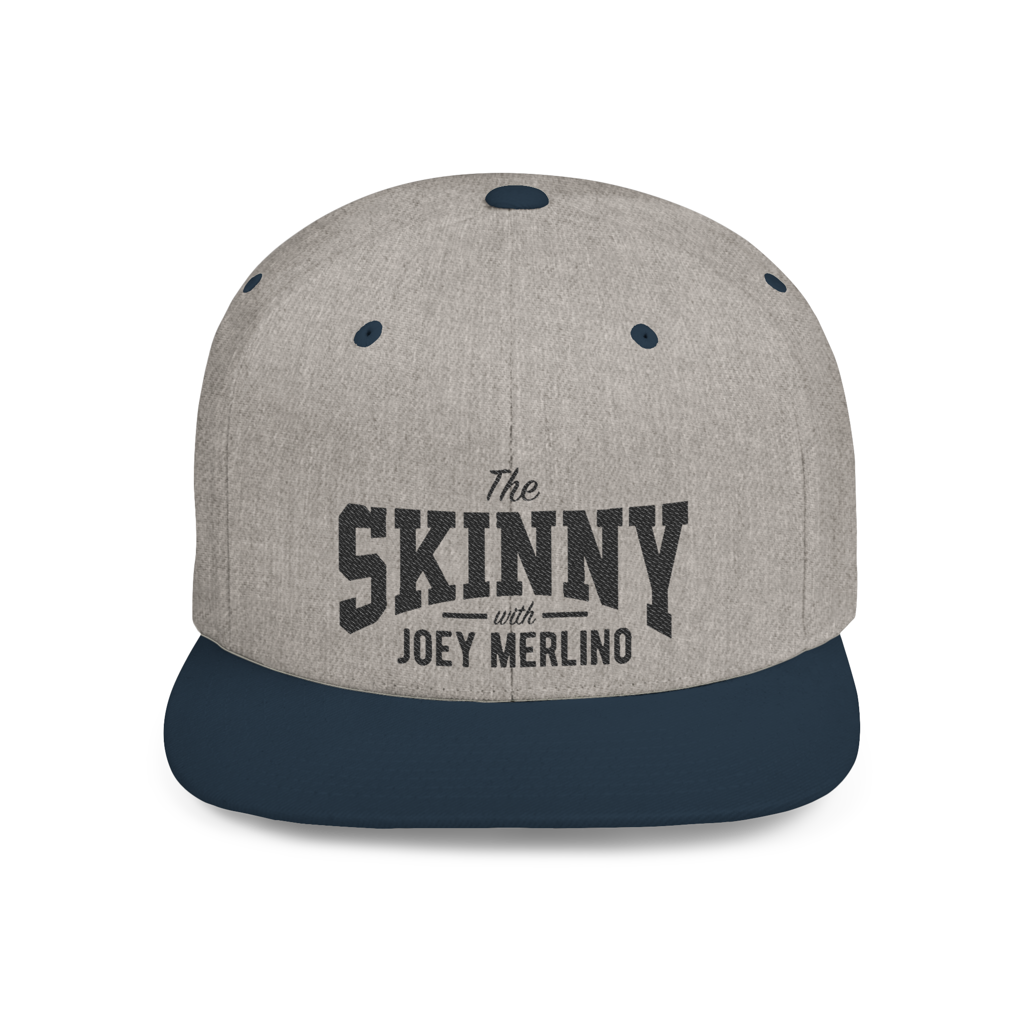 Gray and navy cap with 'The Skinny with Joey Merlin' text on a white background
