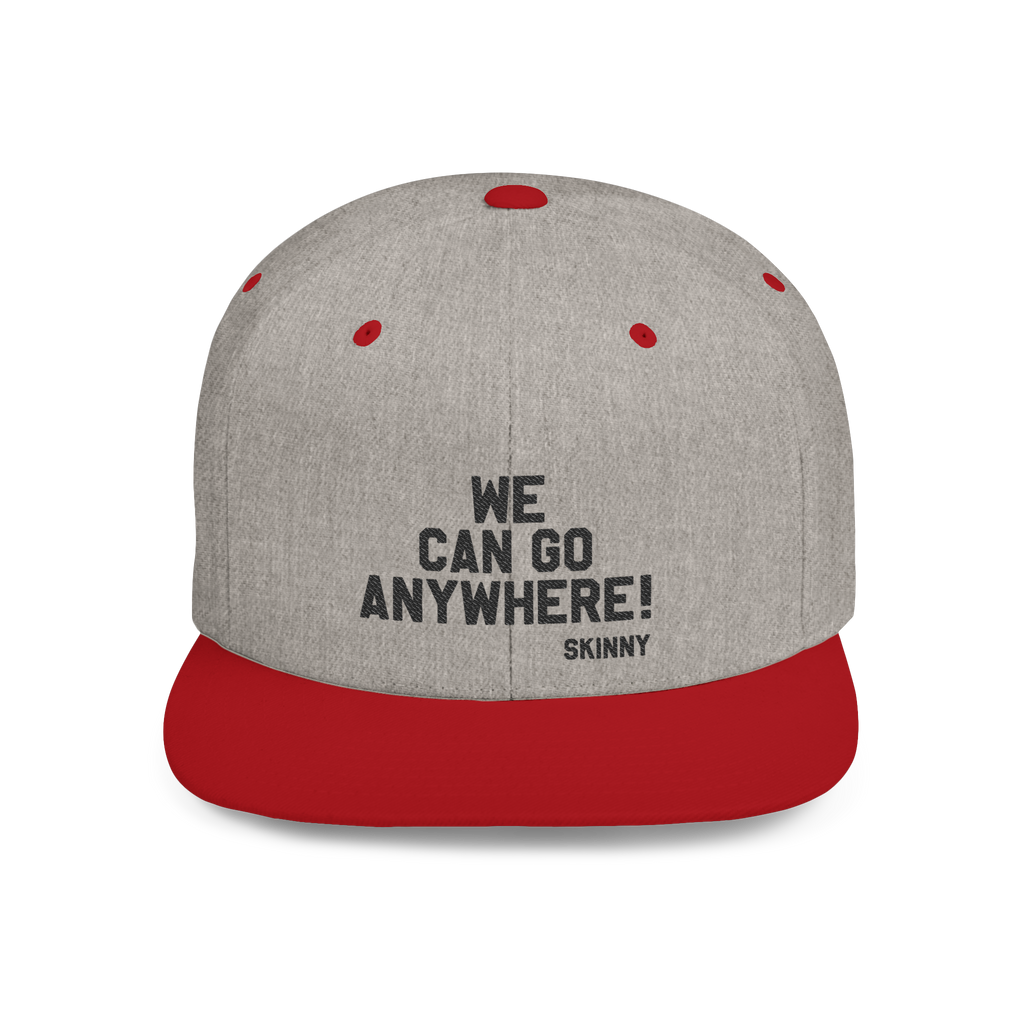 Gray and red cap with 'WE CAN GO ANYWHERE! SKINNY' text on a white background