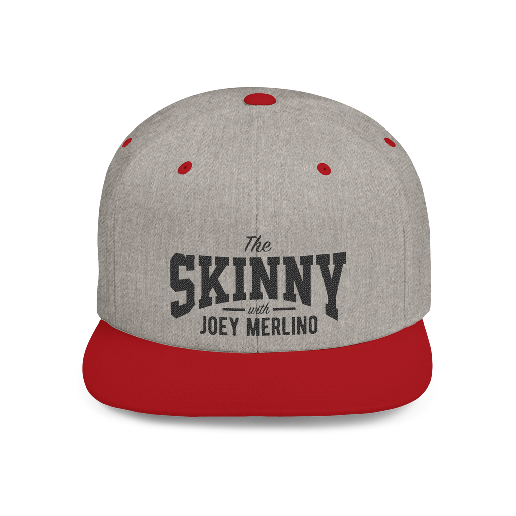 Gray and red cap with 'The Skinny with Joey Merlin' text on a white background