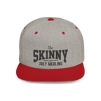 Gray and red cap with 'The Skinny with Joey Merlin' text on a white background