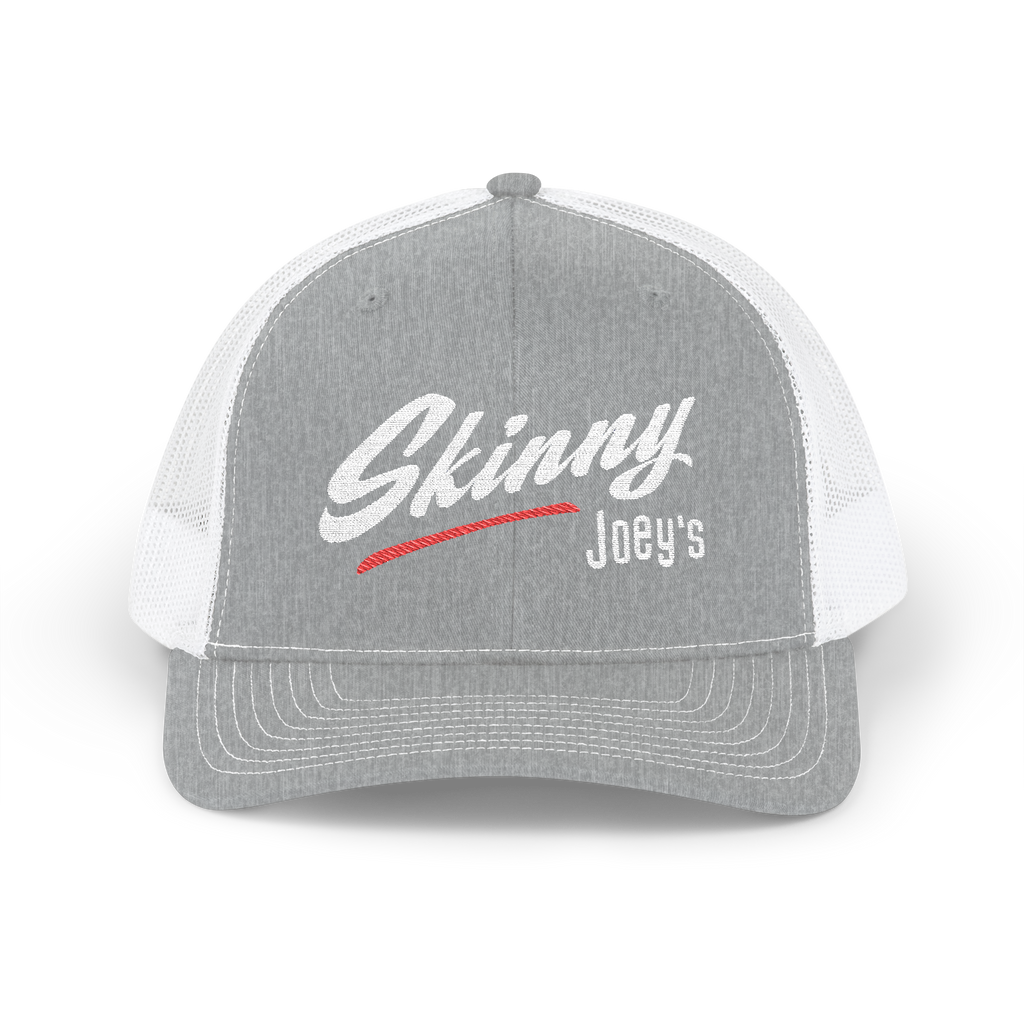 Gray and white cap with 'Skinny Joey's' text on a white background