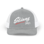 Gray and white cap with 'Skinny Joey's' text on a white background
