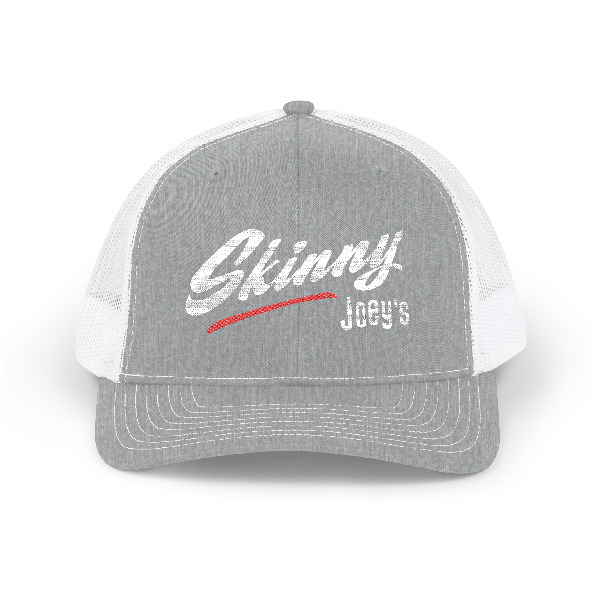 Gray and white cap with 'Skinny Joey's' text on a white background