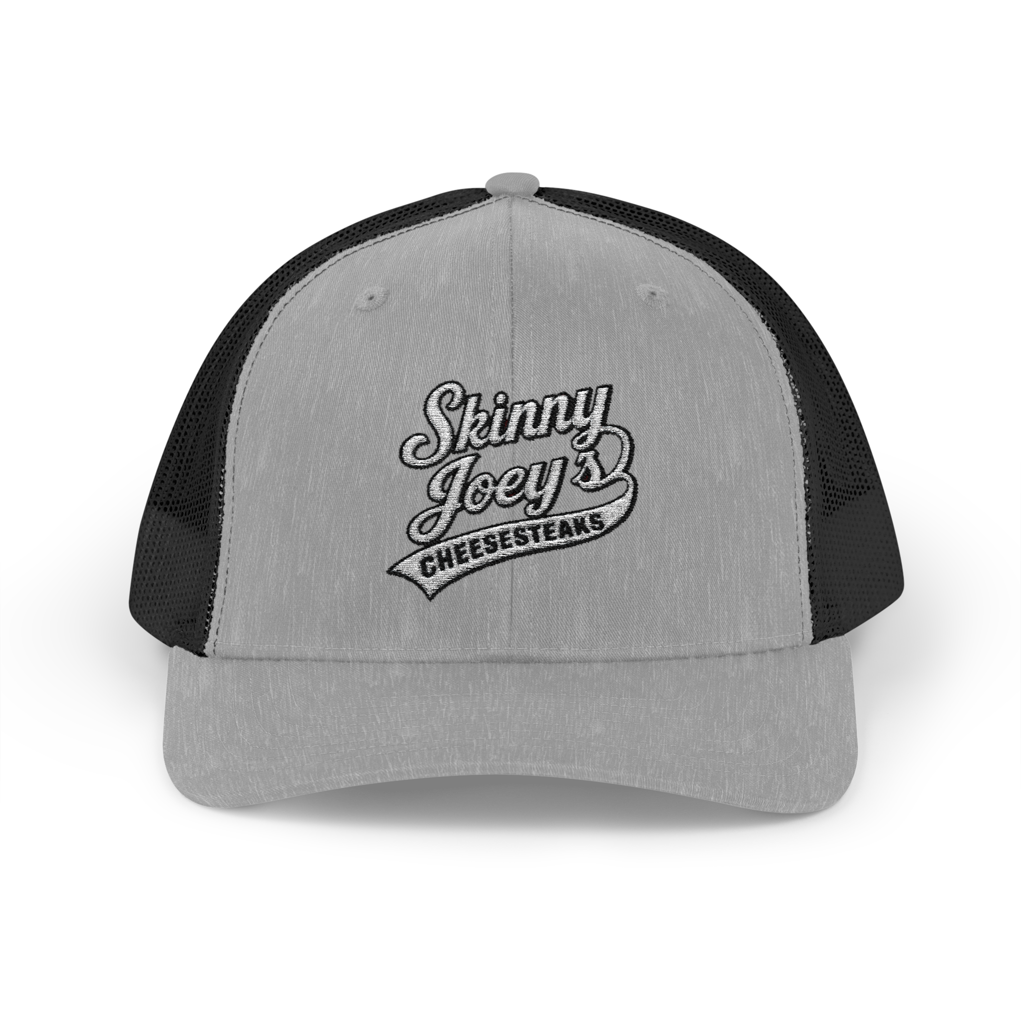 Gray and black cap with 'Skinny Joey's Cheesesteaks' logo on a white background
