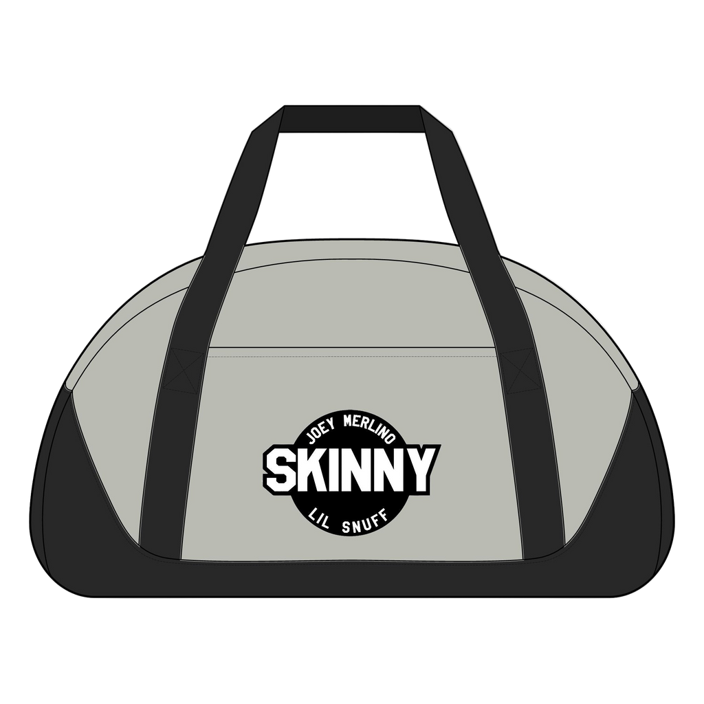 Duffel bag with 'Skinny' logo on a white background