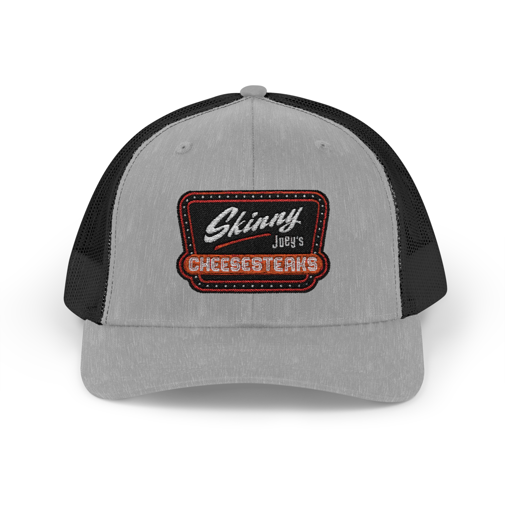 Gray and black trucker cap with 'Skinny Joey's Cheesesteaks' patch on a white background