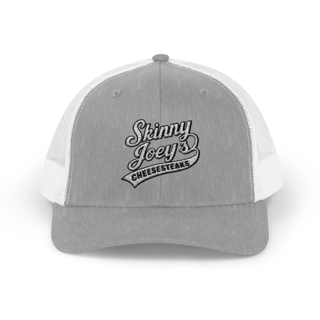 Gray and white cap with 'Skinny Joey's Cheesesteaks' logo on a white background