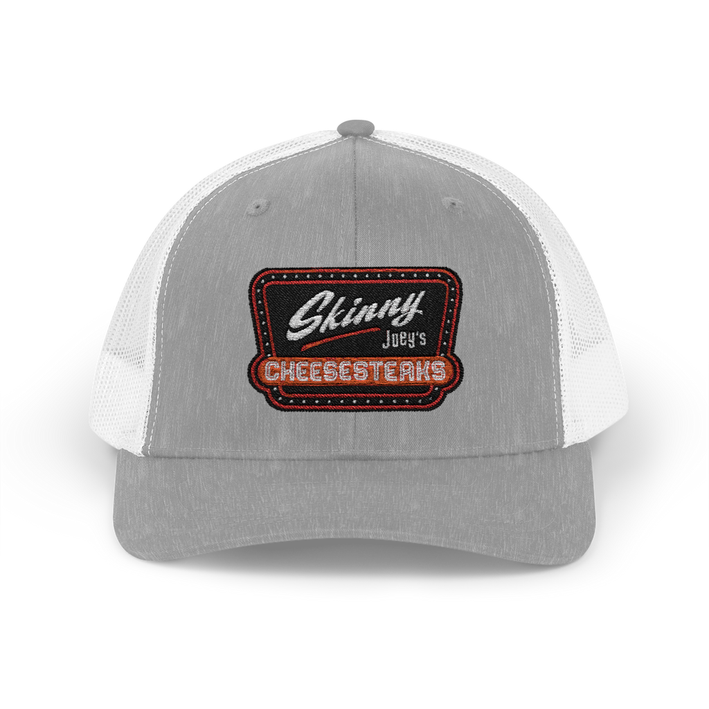 Gray and white trucker cap with embroidered logo on a white background