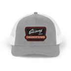 Gray and white trucker cap with embroidered logo on a white background