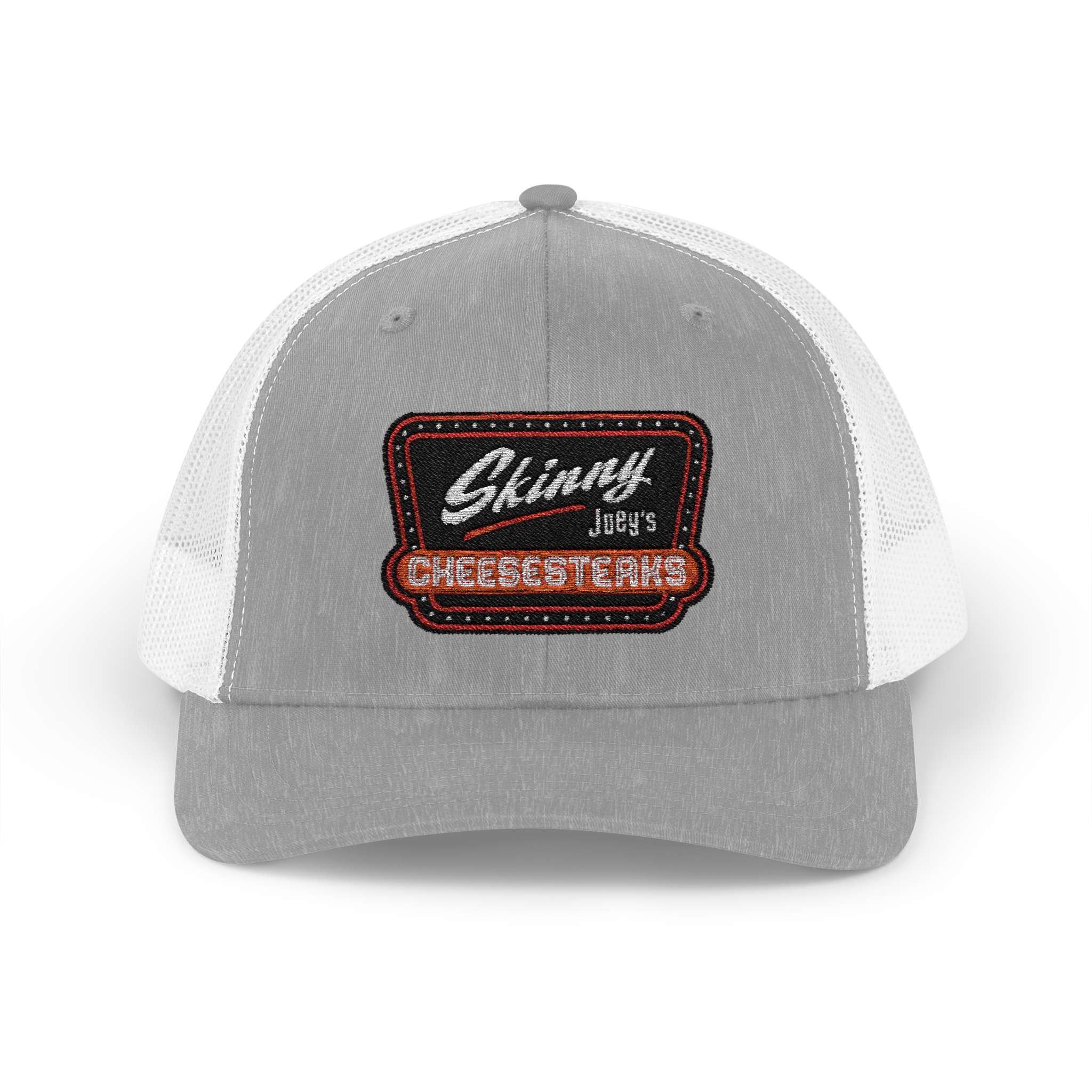 Gray and white trucker cap with embroidered logo on a white background