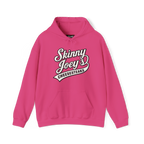 Pink hoodie with 'Skinny Joey's Cheesesteaks' text on a white background