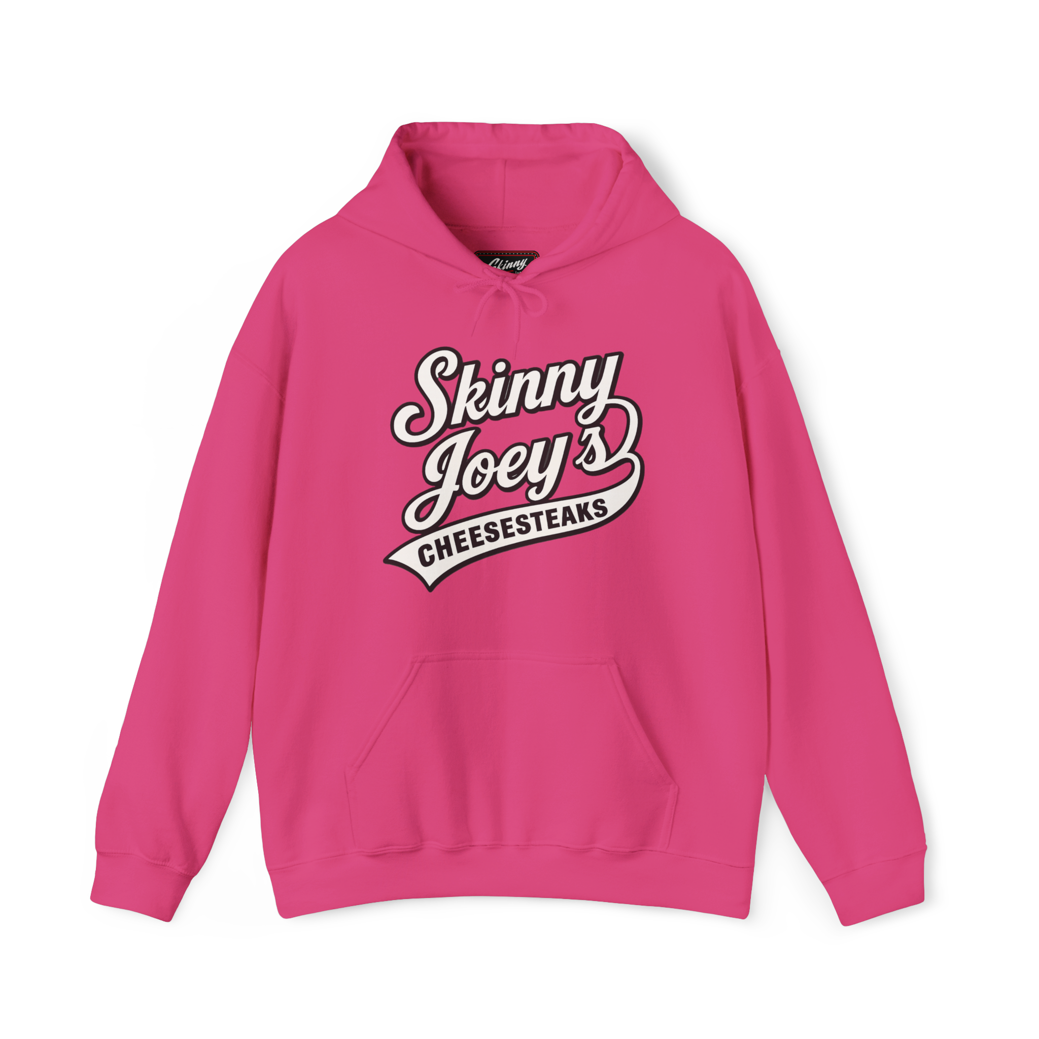 Pink hoodie with 'Skinny Joey's Cheesesteaks' text on a white background