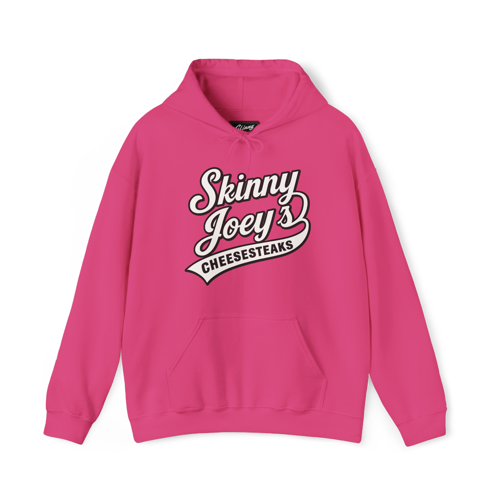 Pink hoodie with 'Skinny Joey's Cheesesteaks' text on a white background