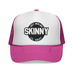 Trucker hat with pink brim and white front panel featuring a black logo and text on a white background.