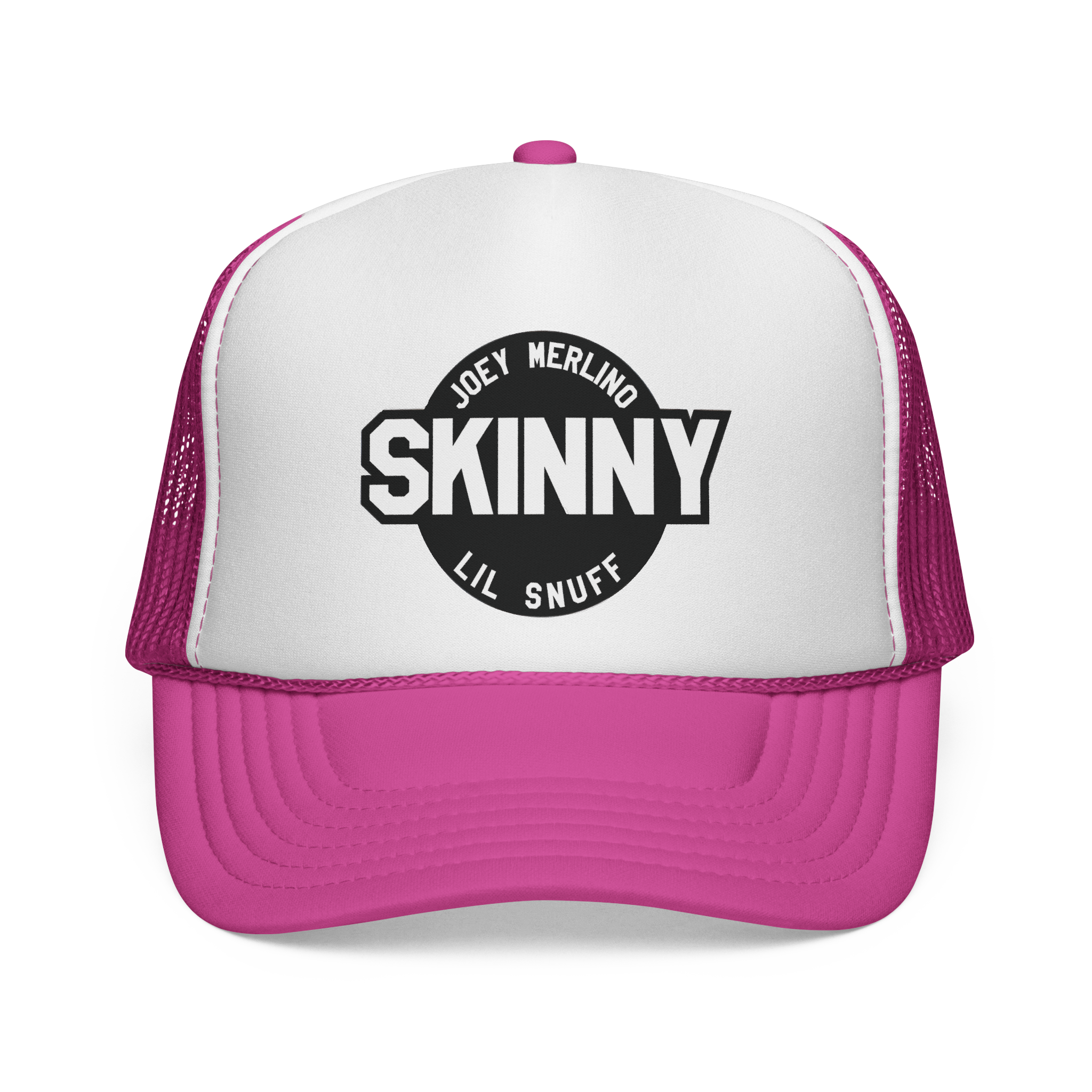 Trucker hat with pink brim and white front panel featuring a black logo and text on a white background.