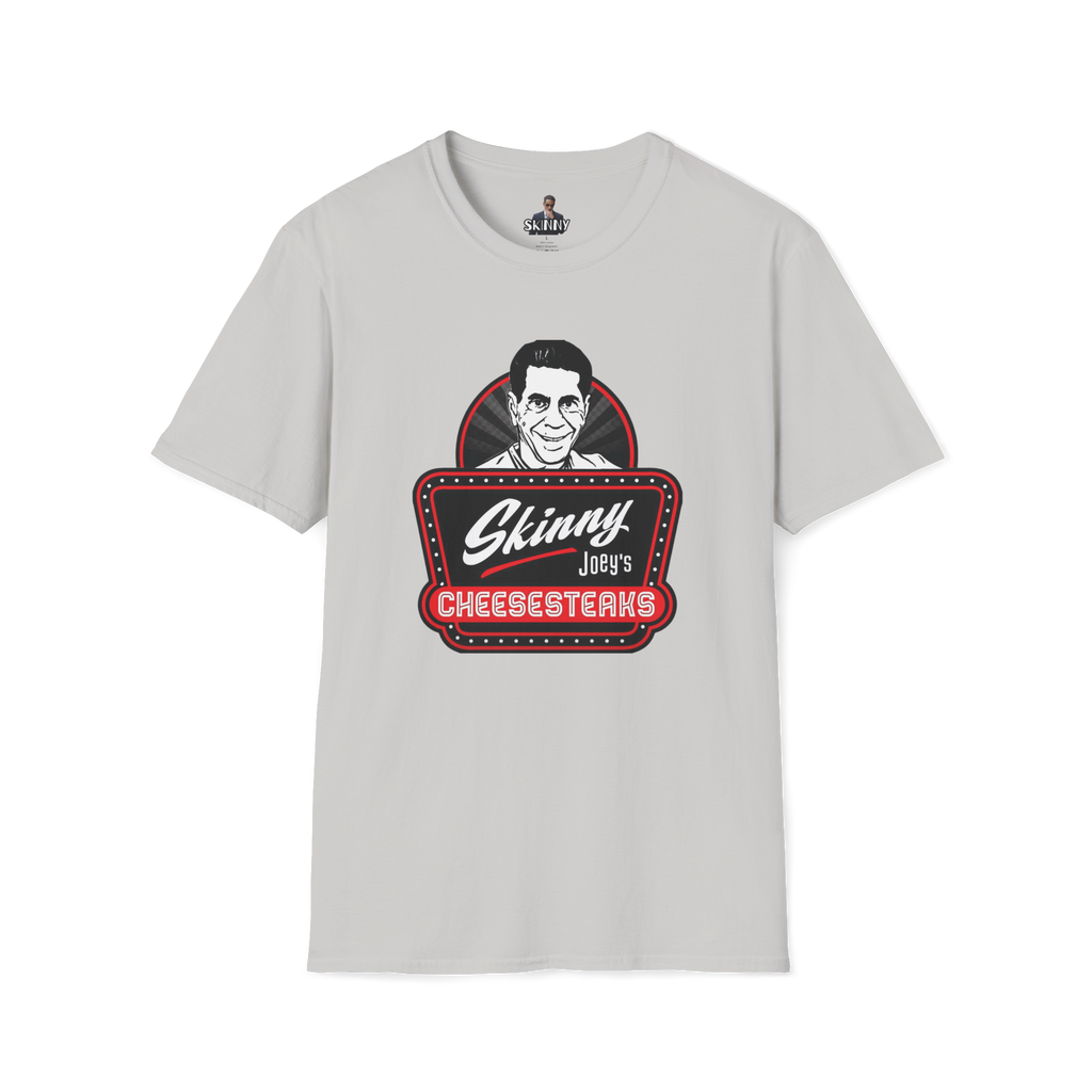 Gray t-shirt with 'Skinny Joey's Cheesesteaks' graphic on a white background