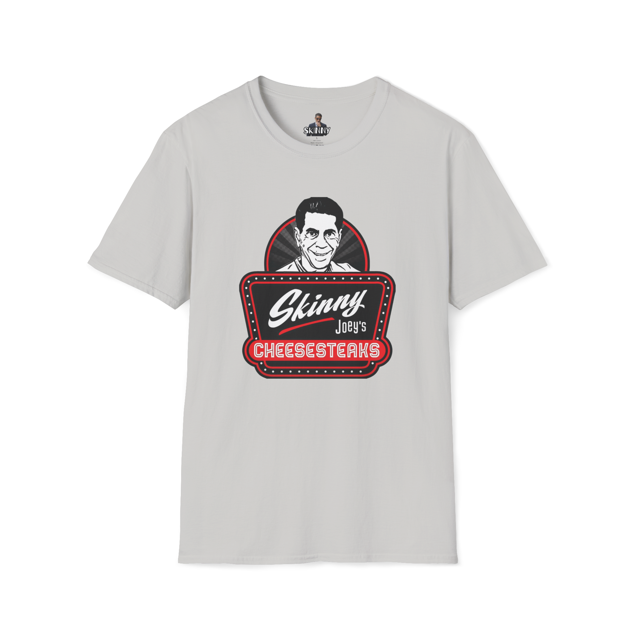 Gray t-shirt with 'Skinny Joey's Cheesesteaks' graphic on a white background