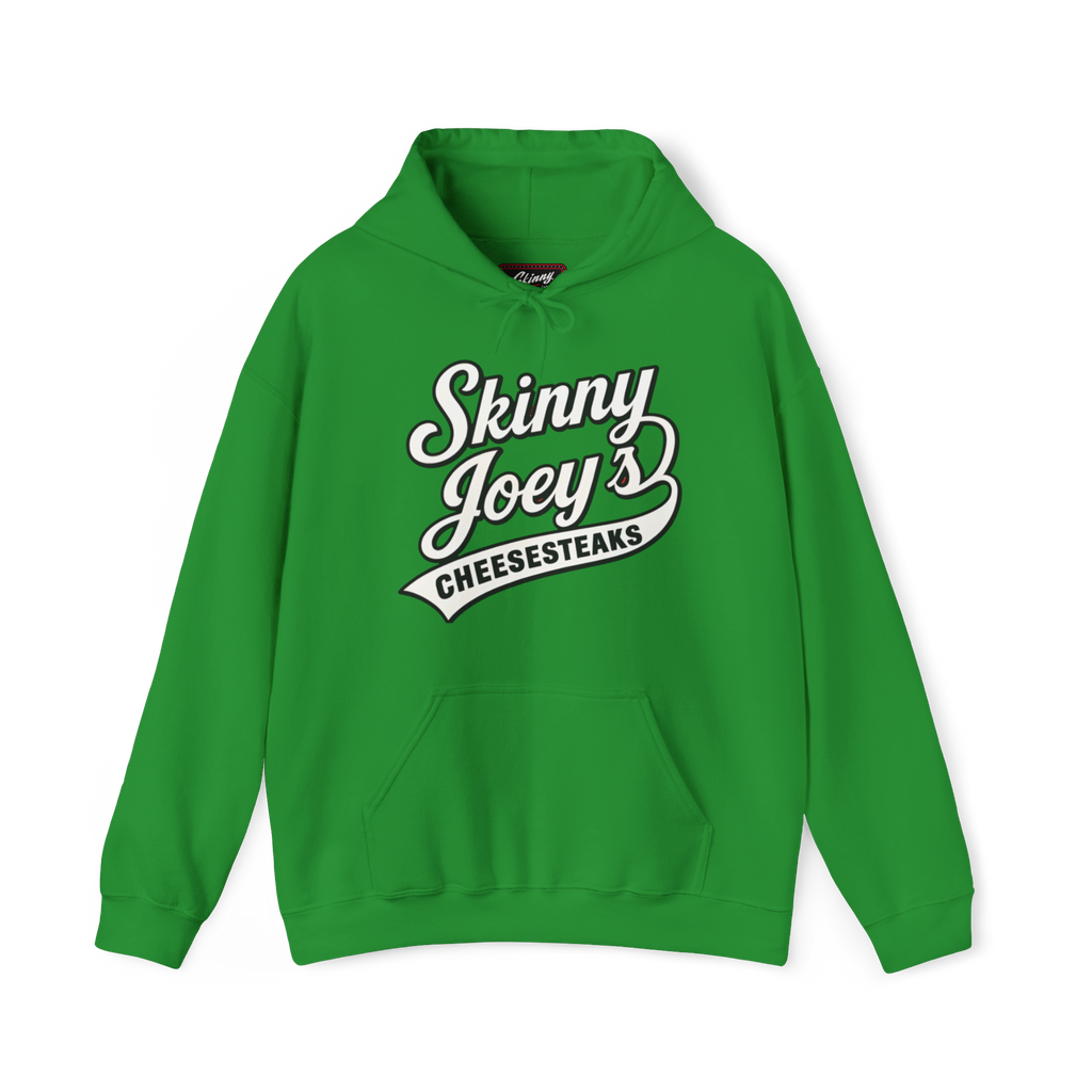 Green hoodie with 'Skinny Joey's Cheesesteaks' text on a white background