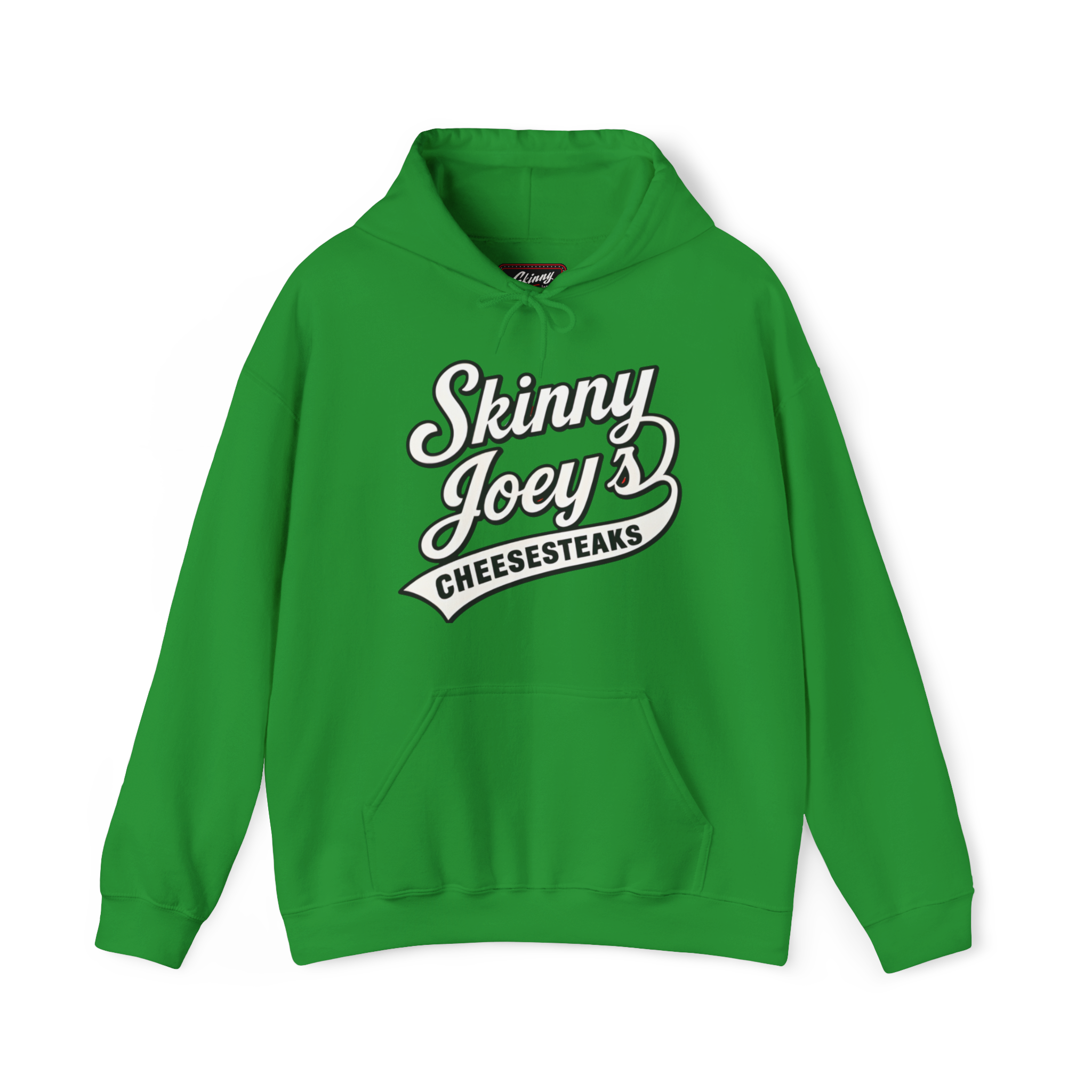 Green hoodie with 'Skinny Joey's Cheesesteaks' text on a white background