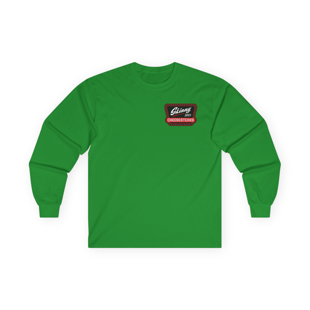 Green long-sleeve shirt with a logo on a white background