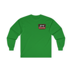 Green long-sleeve shirt with a logo on a white background