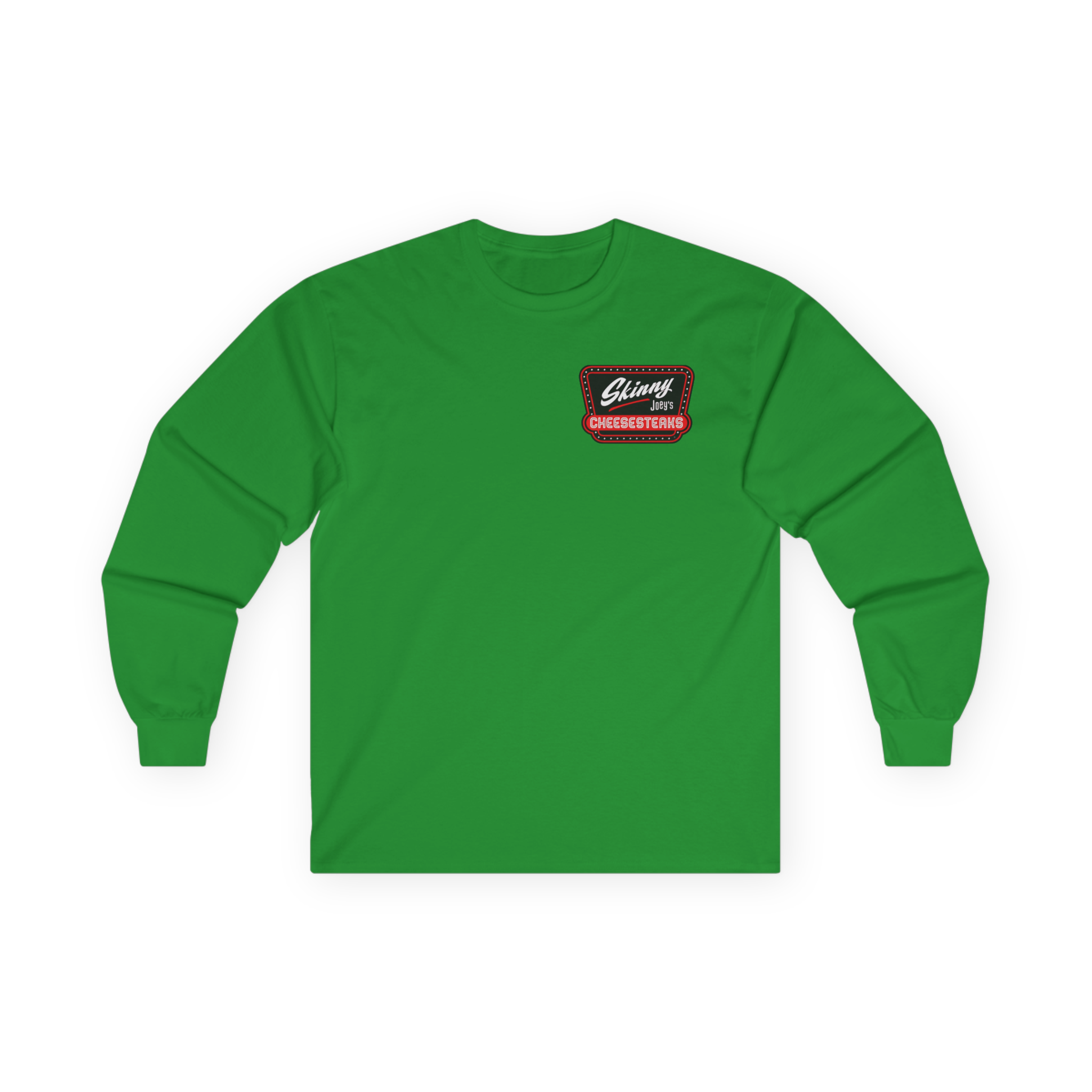 Green long-sleeve shirt with a logo on a white background