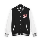 Black and white varsity jacket with 'Skinny Joey' logo on a white background