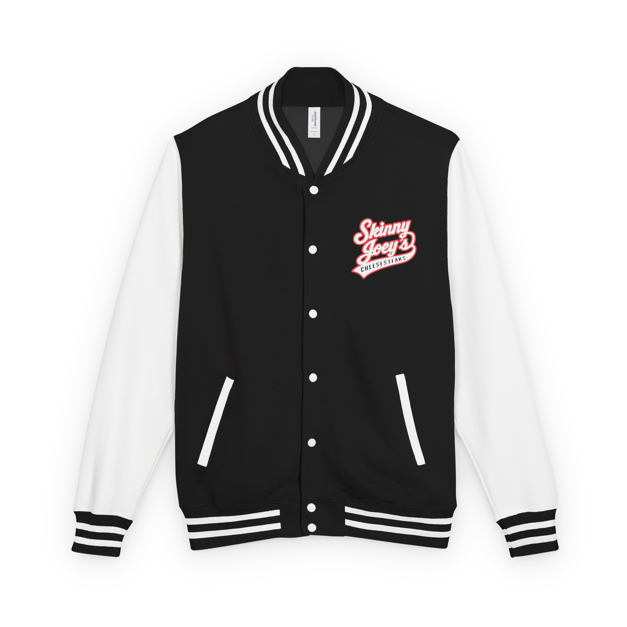 Black and white varsity jacket with 'Skinny Joey' logo on a white background