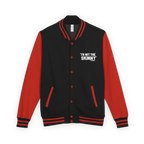 Black and red varsity jacket with text on a white background
