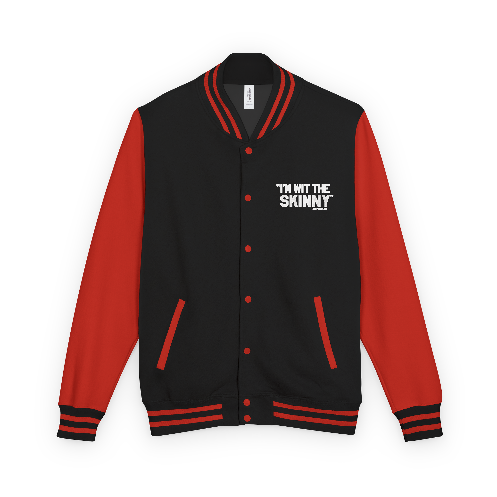Black and red varsity jacket with text on a white background
