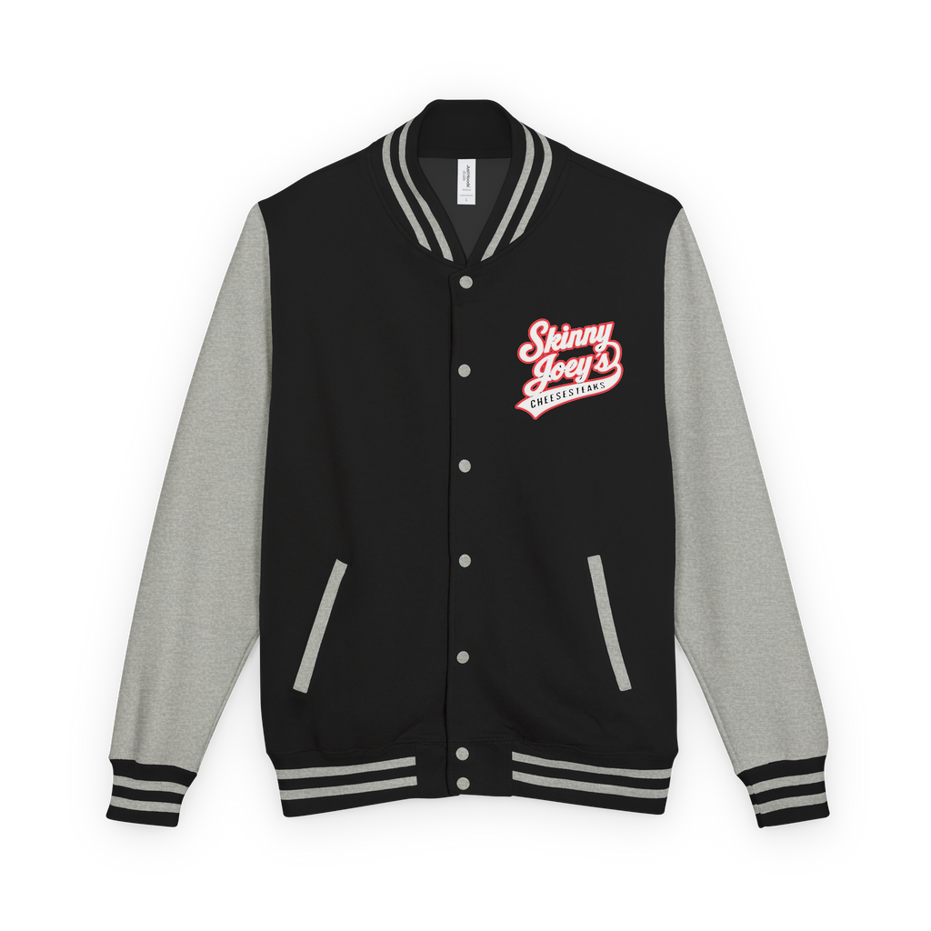 Black and gray varsity jacket with red logo on a white background