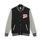 Black and gray varsity jacket with red logo on a white background