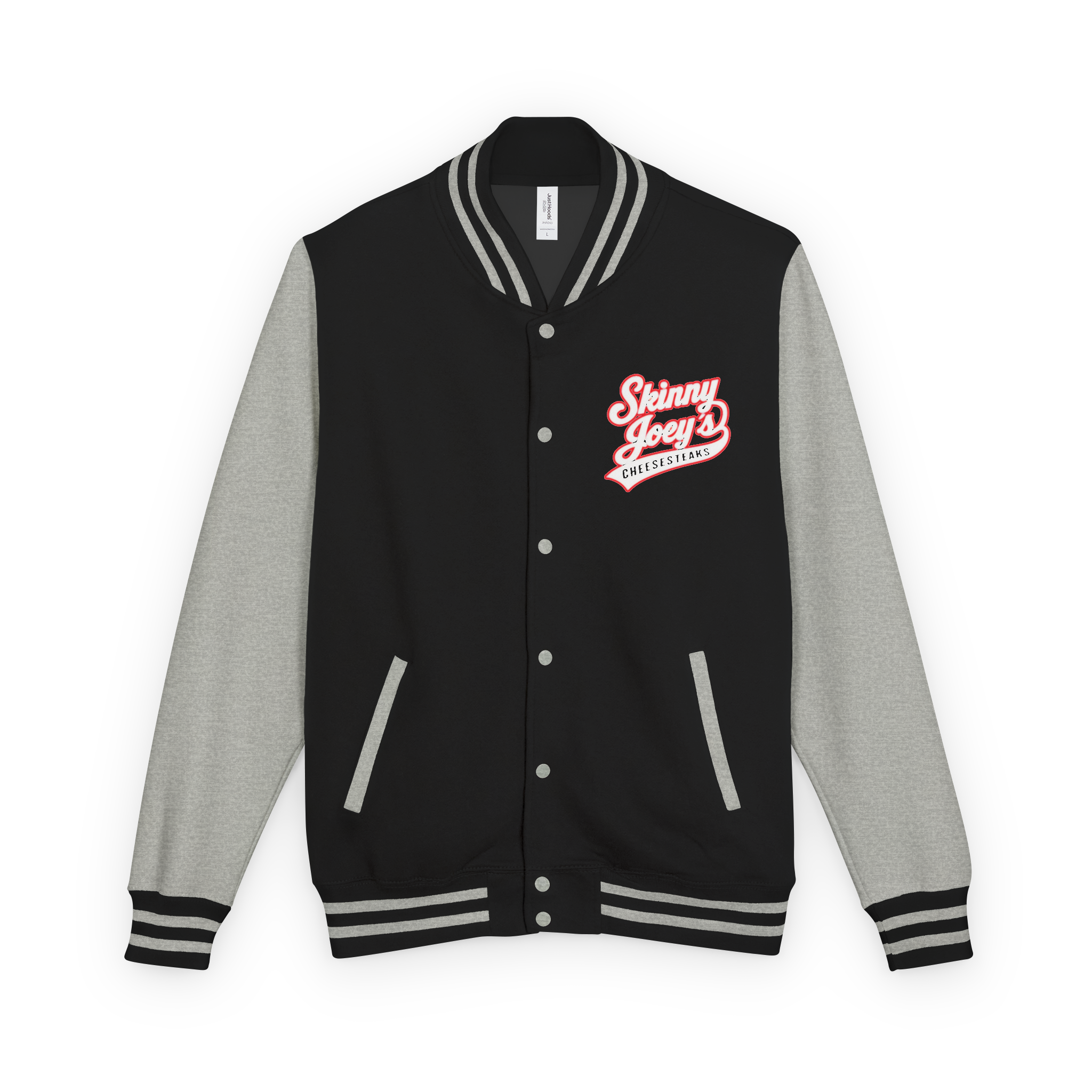 Black and gray varsity jacket with red logo on a white background