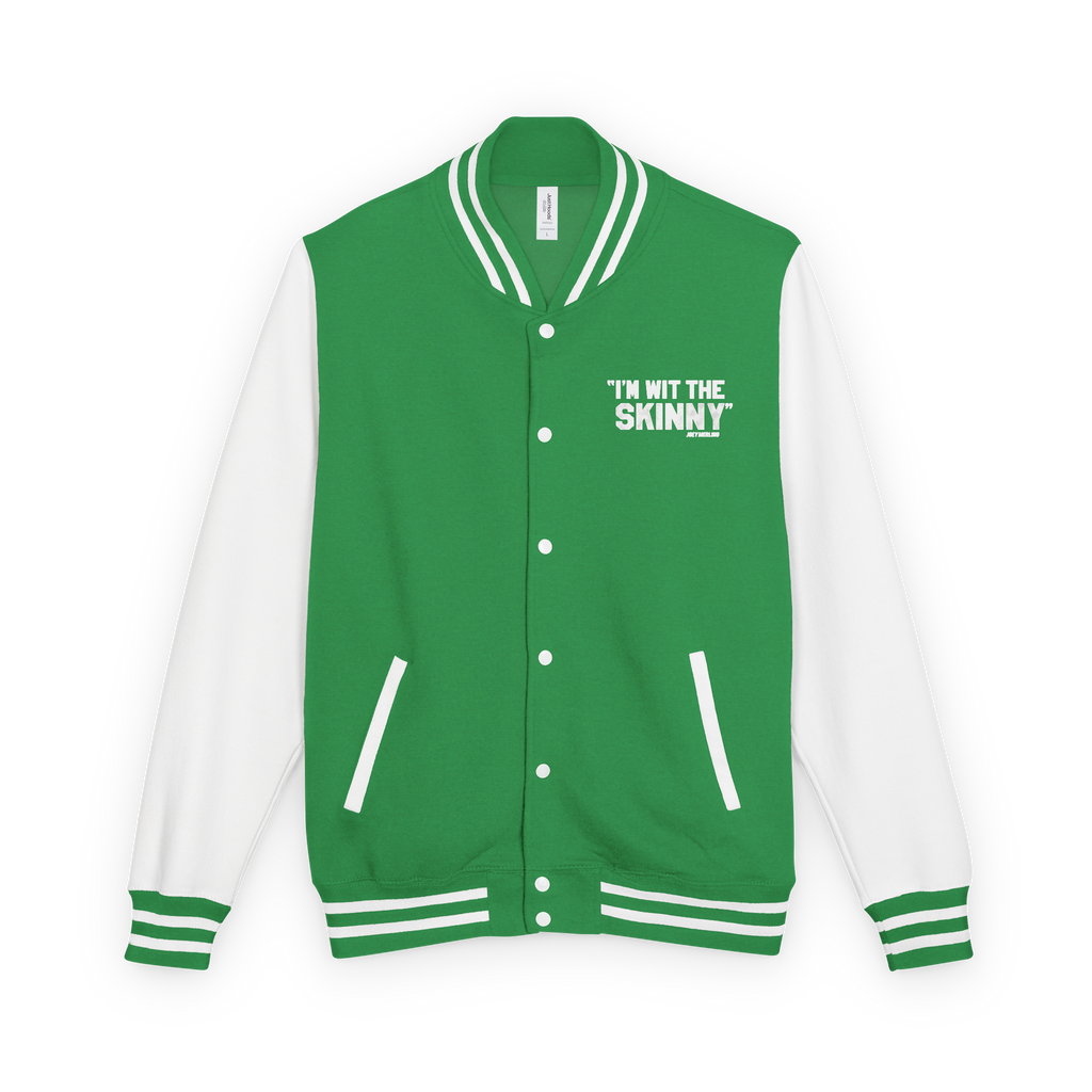 Green and white varsity jacket with text on a white background
