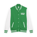 Green and white varsity jacket with text on a white background