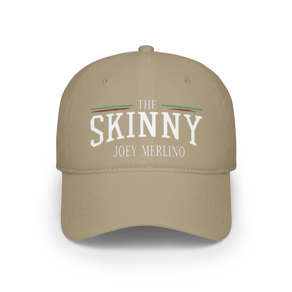 Beige cap with 'The Skinny with Joey Merlino' text on a white background