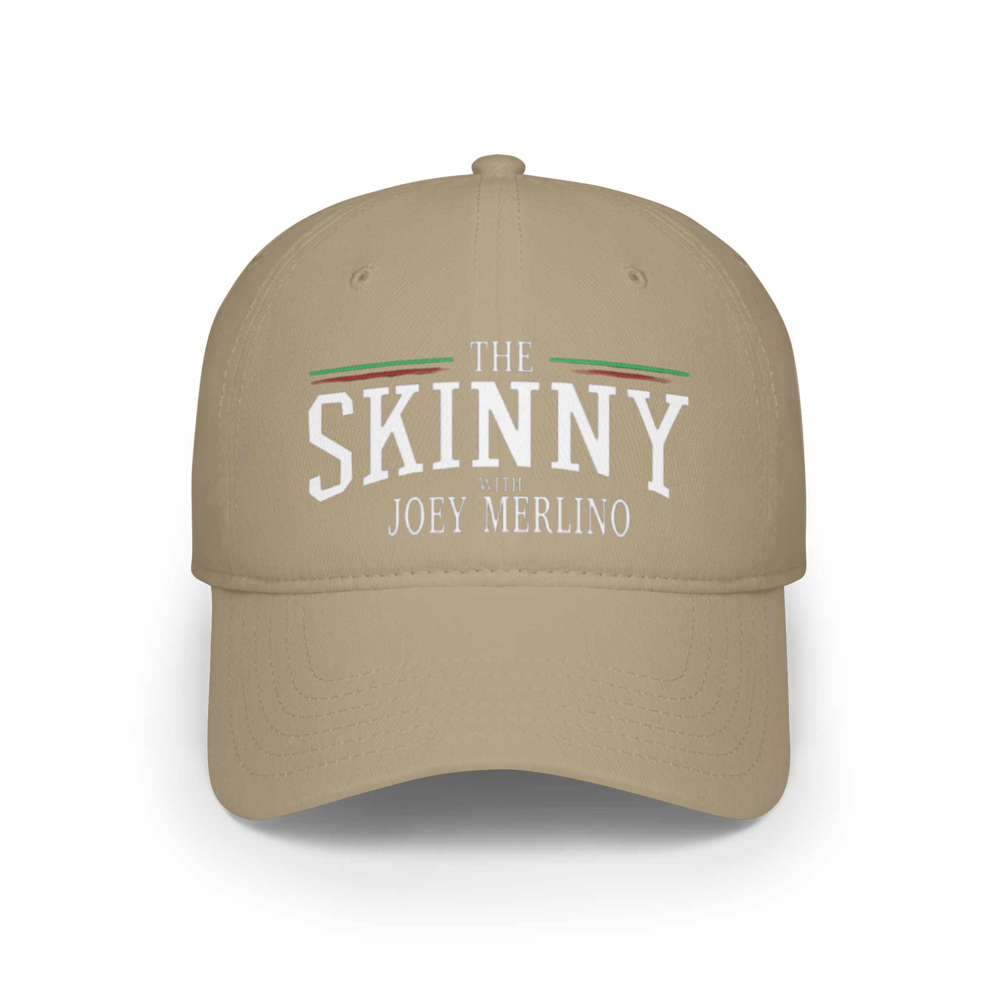 Beige cap with 'The Skinny with Joey Merlino' text on a white background