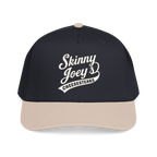 Black and beige cap with 'Skinny Joey's Cheesesteaks' text on a white background
