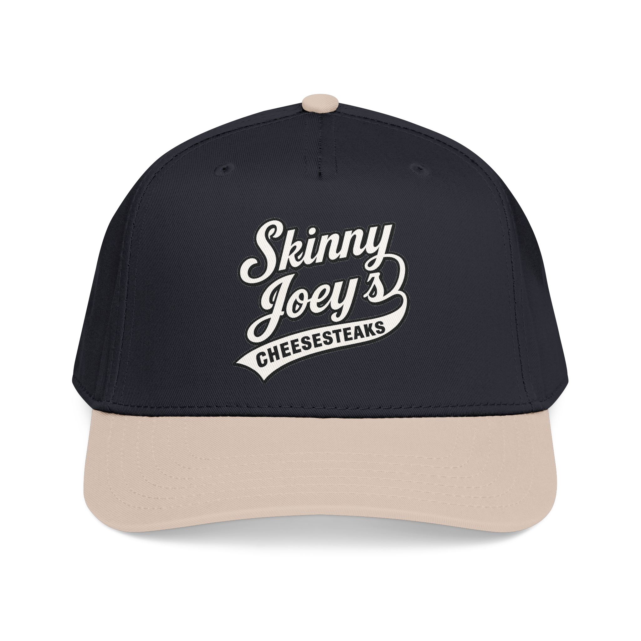 Black and beige cap with 'Skinny Joey's Cheesesteaks' text on a white background