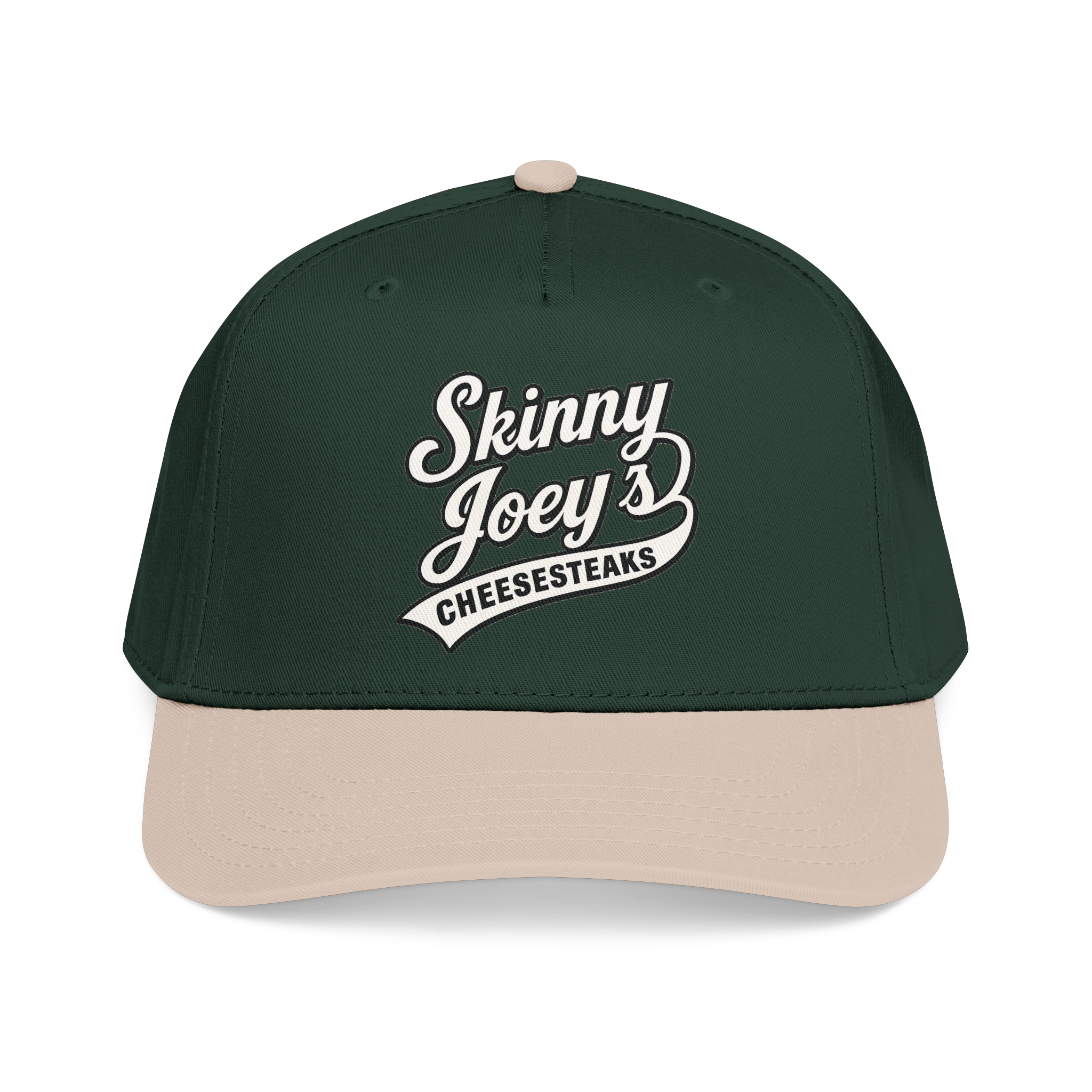 Green and beige cap with 'Skinny Joey's Cheesesteaks' text on a white background