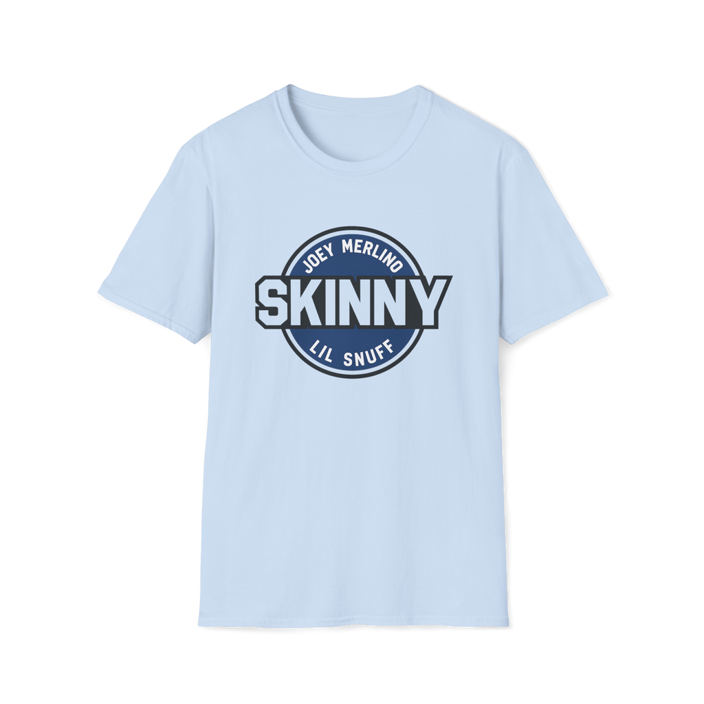 Light blue t-shirt with 'SKINNY' logo on a white background