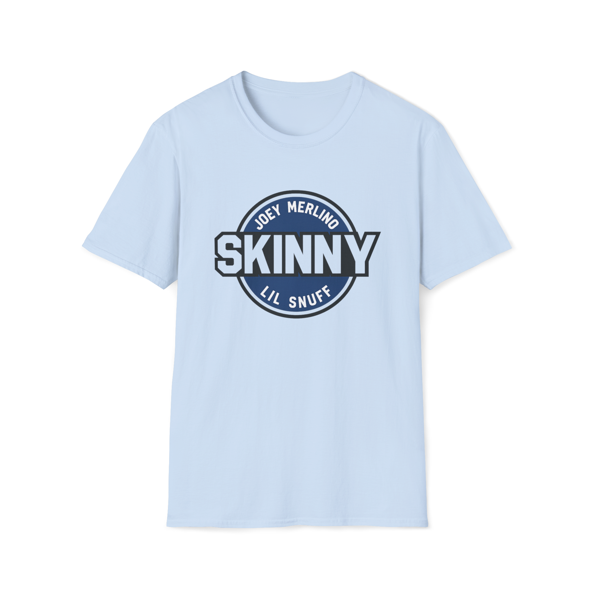 Light blue t-shirt with 'SKINNY' logo on a white background